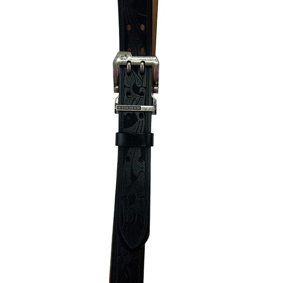 BISON DENIM Belt Dual-Prong Rugged Buckle Black/Brown Leather Sz 34–36 - Picture 3 of 9